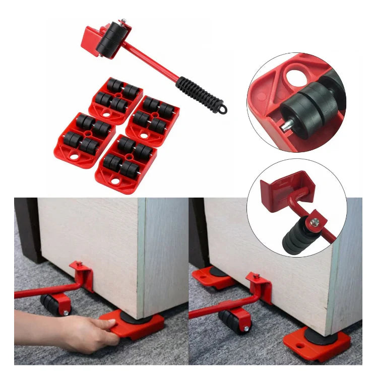 Set AT PERFORMANCE Echipament Pentru Mutat Mobila, Metal, Rosu, 5 Piese, Maxima 150 Kg